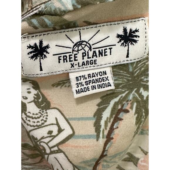 Free Planet men beige green Hawaiian short sleeves button shirt size XL - Picture 3 of 8